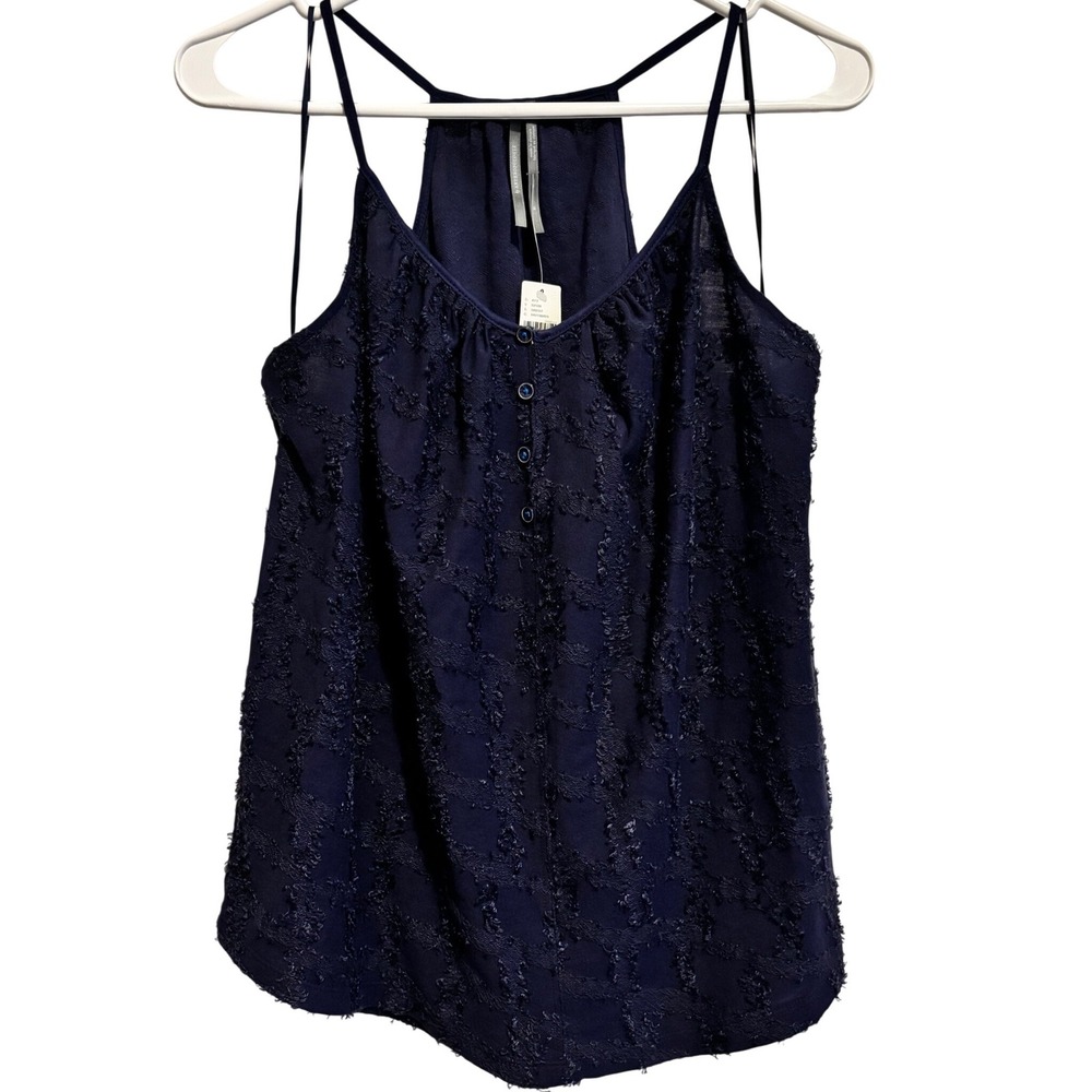 Anthropologie Tank Top Women Size M Navy Textured Fil Coupe Button Cami Blouse - Picture 2 of 6